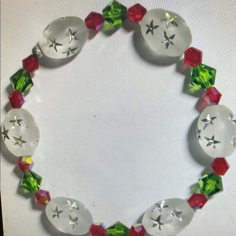 Vibrant Red And Green Beaded Bracelet With White Accents